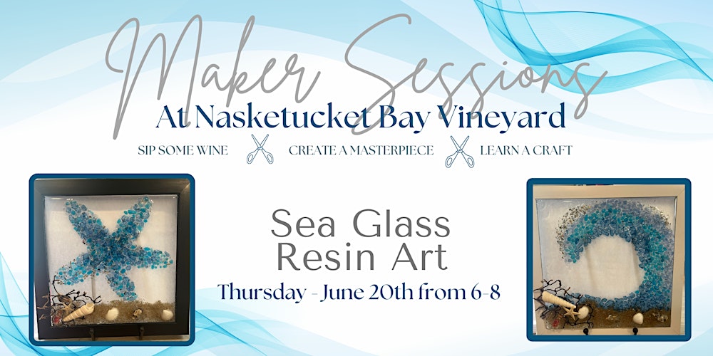 Attendees engrossed in crafting sea glass resin art, surrounded by the serene ambiance of Nasketucket Bay Vineyard.